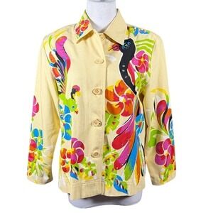 Erin London 100% Silk Tropical Bird Floral Sequin Jacket Yellow Small Women